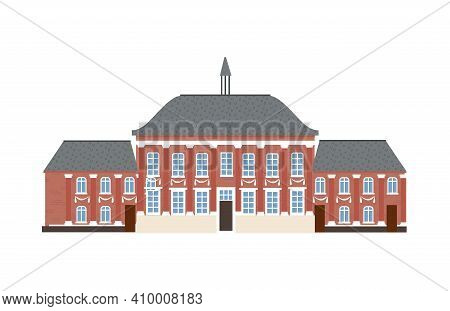 Medieval German Romantic Old Mansion. Brown Fasades, Grey Roof, White Windows. European Colonial Vic