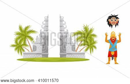 Bali Symbols And Landmarks With Monkey Mask And Split Gateway Vector Set
