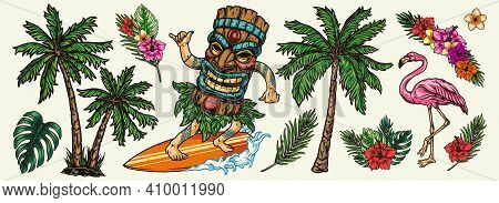 Surfing Colorful Vintage Elements Concept With Palm Trees Blooming Tropical Flowers Leaves Pink Flam