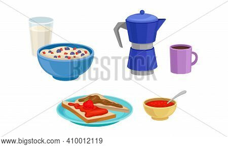 Breakfast With Oatmeal In Bowl With Berries, Sandwich And Coffee Vector Set