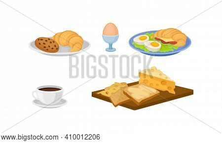 Breakfast With Croissant, Egg, Coffee Cup And Cheese Slab Vector Set