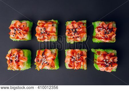 Traditional Japanese Food, Mix Colorful Sushiset Of Different Kinds Of Sushi Rolls With Salmon, Shri