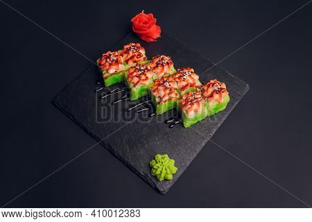 Traditional Japanese Food, Mix Colorful Sushiset Of Different Kinds Of Sushi Rolls With Salmon, Shri
