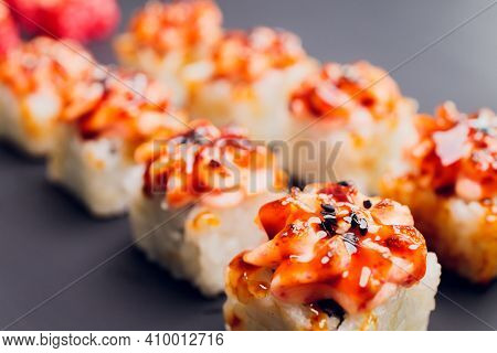 Traditional Japanese Food, Mix Colorful Sushiset Of Different Kinds Of Sushi Rolls With Salmon, Shri