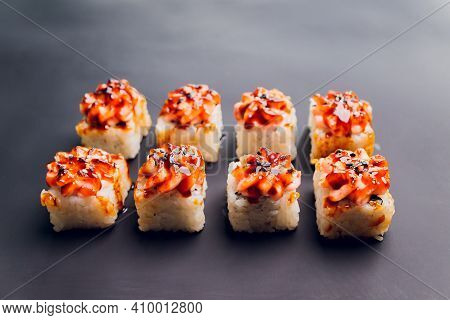 Traditional Japanese Food, Mix Colorful Sushiset Of Different Kinds Of Sushi Rolls With Salmon, Shri