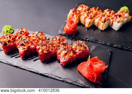 Traditional Japanese Food, Mix Colorful Sushiset Of Different Kinds Of Sushi Rolls With Salmon, Shri