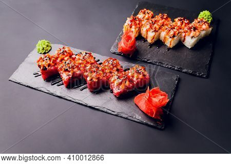Traditional Japanese Food, Mix Colorful Sushiset Of Different Kinds Of Sushi Rolls With Salmon, Shri