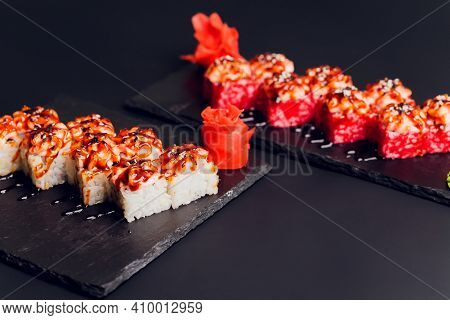 Traditional Japanese Food, Mix Colorful Sushiset Of Different Kinds Of Sushi Rolls With Salmon, Shri