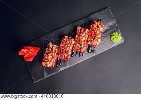 Traditional Japanese Food, Mix Colorful Sushiset Of Different Kinds Of Sushi Rolls With Salmon, Shri