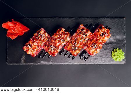 Traditional Japanese Food, Mix Colorful Sushiset Of Different Kinds Of Sushi Rolls With Salmon, Shri