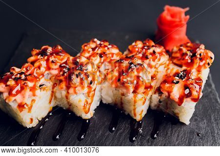 Traditional Japanese Food, Mix Colorful Sushiset Of Different Kinds Of Sushi Rolls With Salmon, Shri