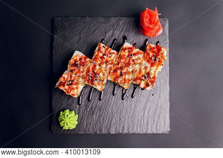 Traditional Japanese Food, Mix Colorful Sushiset Of Different Kinds Of Sushi Rolls With Salmon, Shri