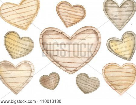 Watercolor Wooden Hearts Clipart Hand Darwing Illustration