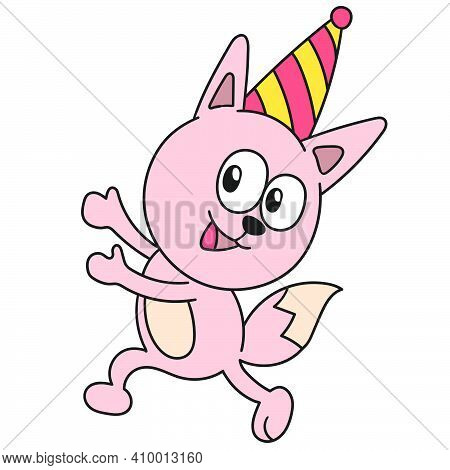 Cat Birthday Partying. Doodle Icon Image. Cartoon Caharacter Cute Doodle Draw