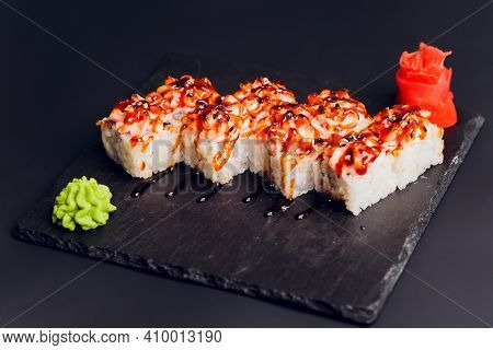 Traditional Japanese Food, Mix Colorful Sushiset Of Different Kinds Of Sushi Rolls With Salmon, Shri