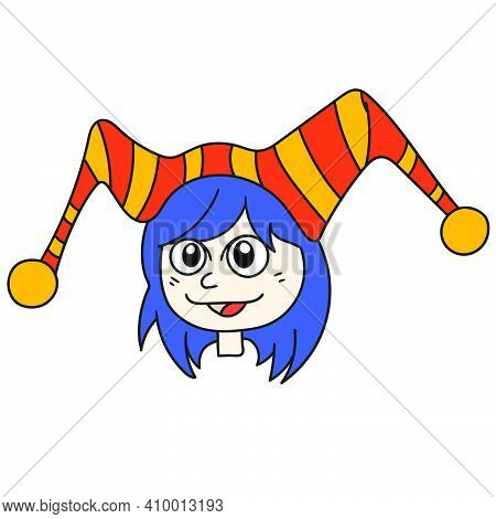 Cute Lady Clown Emoticon. Doodle Icon Image. Cartoon Caharacter Cute Doodle Draw