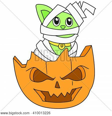 Halloween Party With Mummy And Pumpkin Decorations. Doodle Icon Image. Cartoon Caharacter Cute Doodl