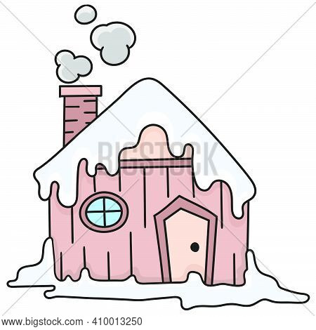 House In Winter. Doodle Icon Image. Cartoon Caharacter Cute Doodle Draw