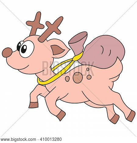 The Running Deer Carried A Bag On Its Back. Doodle Icon Image. Cartoon Caharacter Cute Doodle Draw