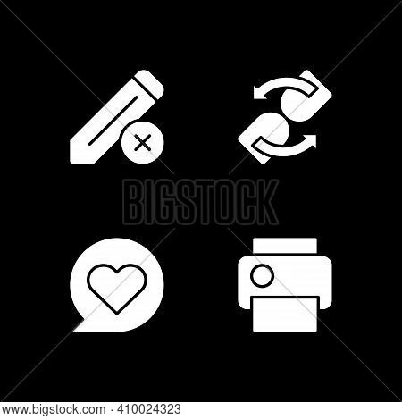 Mobile App Interface Signs White Glyph Icons Set For Dark Mode. Print Text Documents. Editing Data. 