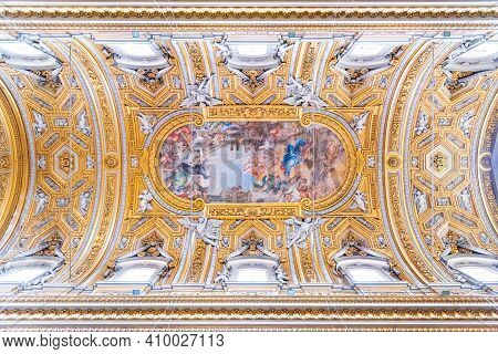 Rome, Italy - May 05, 2019: Decorated Ceiling Of Santa Maria In Vallicella, Italian: Chiesa Nuova, R