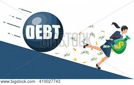 Businesswoman On Mountain Running Away From Big Debt Weight. Business Woman With Money Bag And Wreck