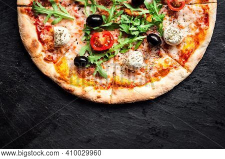 Tasty Italian Pizza Made From An Authentic Recipe. Mozzarella Topping Mealted On Top. Sauce Aside. P