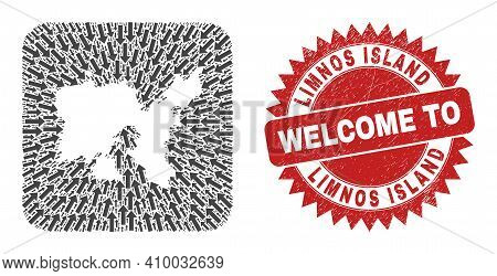 Vector Collage Limnos Island Map Of Motion Arrows And Rubber Welcome Seal. Collage Geographic Limnos