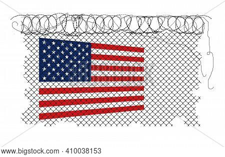 A Usa Flag Is Seen Behind Wire And Fence. Refers To The Fence Constructed Around The Us Capitol In W