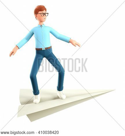 3d Illustration Of Smiling Creative Man Flying On A Huge Paper Airplane. Cute Cartoon Businessman Re