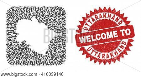 Vector Mosaic Uttarakhand State Map Of Direction Arrows And Scratched Welcome Badge. Mosaic Geograph