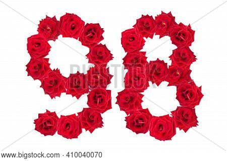 Numeral 98 Made Of Red Roses On A White Isolated Background. Red Roses. Element For Decoration. Nine