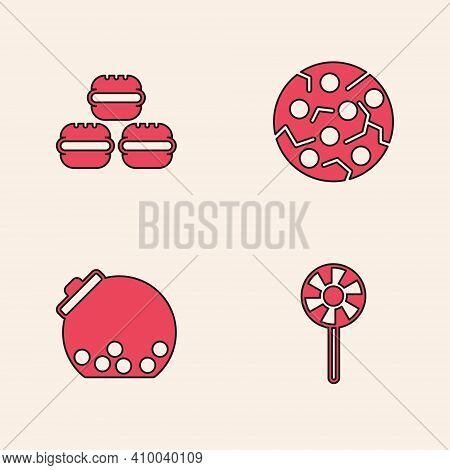 Set Lollipop, Macaron Cookie, Cookie Or Biscuit And Glass Jar With Candies Inside Icon. Vector