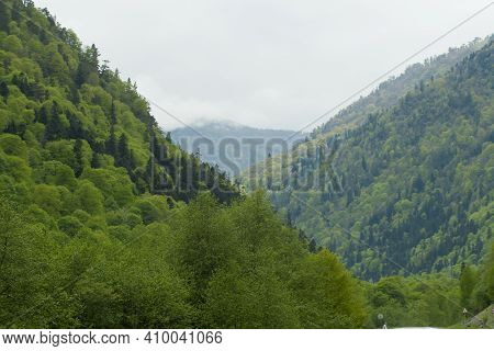 Landscape In The Arkhyz Biosphere Reserve, Russian Federation. Mountains Covered With Trees In The A