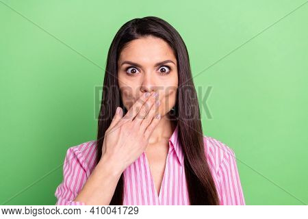 Portrait Of Attractive Funny Girlish Girl Closing Mouth Oops Voiceless Isolated Over Green Pastel Co