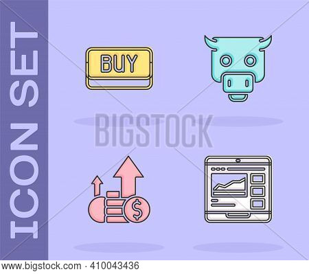 Set Trading Courses, Buy Button, Financial Growth And Coin And Bull Market Icon. Vector