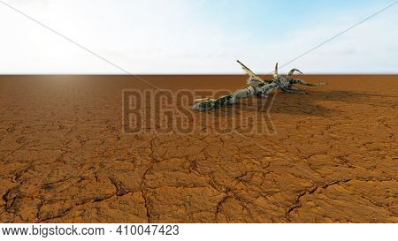 Concept or conceptual desert landscape with a parched tree trunck as a metaphor for global warming and climate change. A warning for the need to protect our environment and future 3d illustration