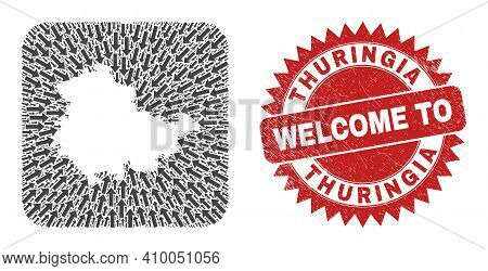 Vector Collage Thuringia Land Map Of Direction Arrows And Rubber Welcome Seal. Collage Geographic Th