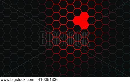 Abstract Red Line Hexagon On Dark Grey Mesh Pattern Design Modern Futuristic Background