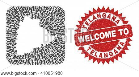 Vector Collage Telangana State Map Of Motion Arrows And Grunge Welcome Seal Stamp. Collage Geographi