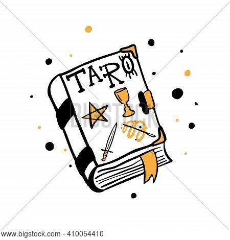 Hand Drawn Illustration Of Witches Hand And Tarot Cards. Magic Symbols. Flat And Cartoon Style. Wicc