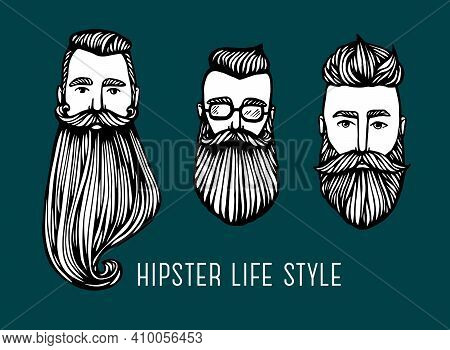 Set Of Hipster Heads With Beards. Hand-drawn Doodle. Vector Illustration - Stock Vector. Hand Drawn 