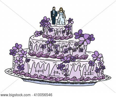 Festive Wedding Cake With Souffle And Marzipan Figurines. Doodle Sketch Illustration