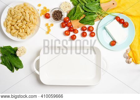 Step-by-step Preparation And Ingredients For Oven-baked Feta Cheese With Tomatoes And Pasta, Pepper
