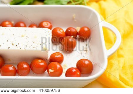 Step-by-step Preparation And Ingredients For Oven-baked Feta Cheese With Tomatoes And Pasta, Pepper