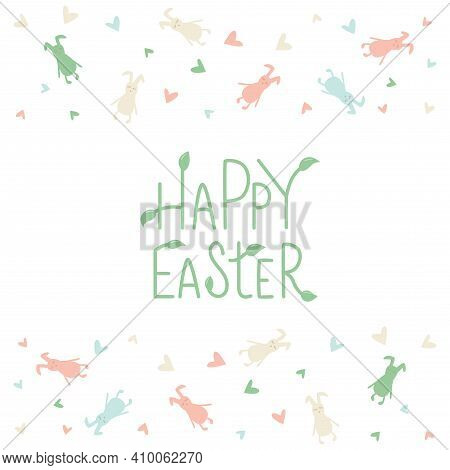 Happy Easter Rabbit, Bunny Minimalistic Style With Lettering Sign And Frame. Vector Stock Illustrati