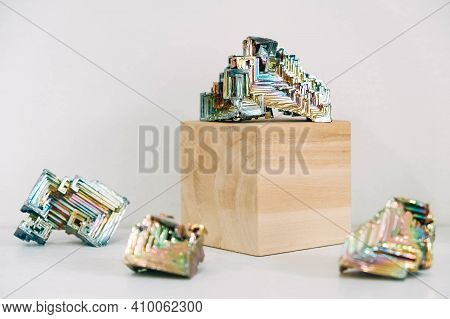 Amazing Colorful Rainbow Bismuth Gemstone On White Background. Copy, Empty Space For Text