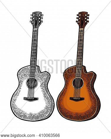 Acoustic Guitar. Vintage Vector Color Engraving Illustration