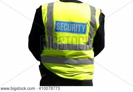 Staff Member With Security Written On Back Of Jacket Isolated Over White Background