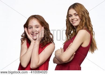 Mom And Daughter Red Dress Hug Family Joy Friendship